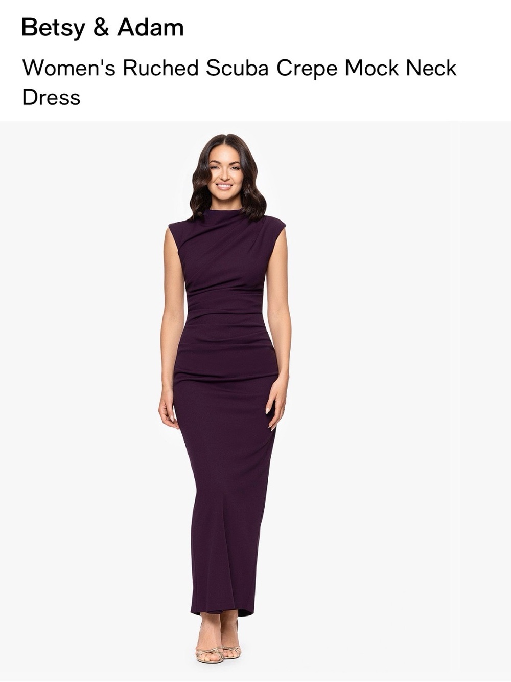 Betsy & Adam Deep Purple Ruched Scuba Crepe Mock Neck Maxi Dress
